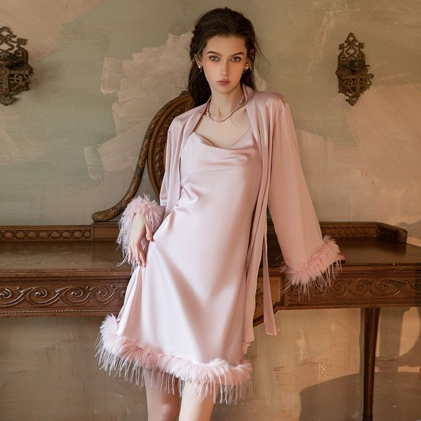 Satin backless plush nightgown set w1