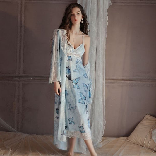 202501 Butterfly Print Lace Patchwork Set