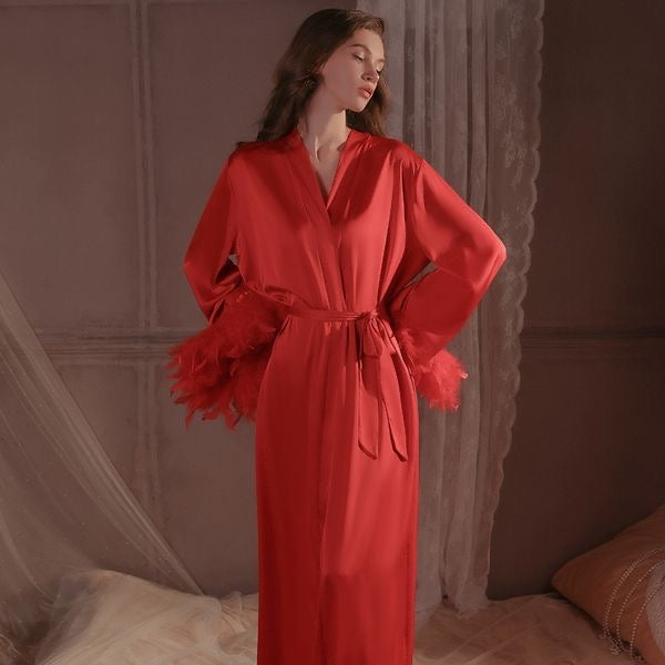 Feather Cuff Sexy Deep V-Neck Open-Front Robe  Dark