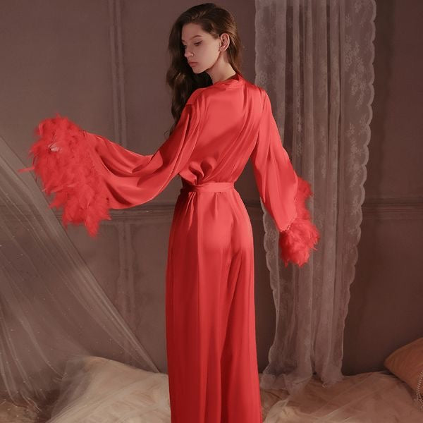 Feather Cuff Sexy Deep V-Neck Open-Front Robe  Dark